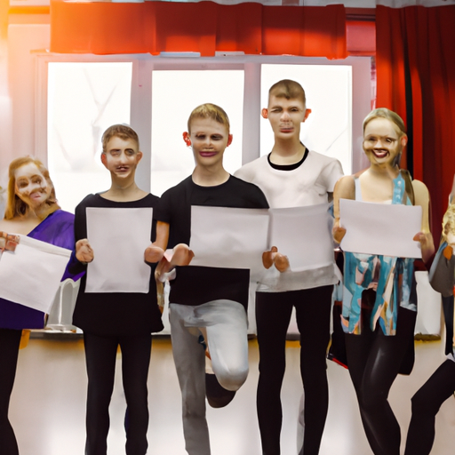 קבוצת תלמידים נרגשת אוחזת בתעודות הריקוד, מחייכות למצלמה.