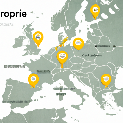 איור של מפת אירופה עם מיקומי השכרת רכב מודגשים