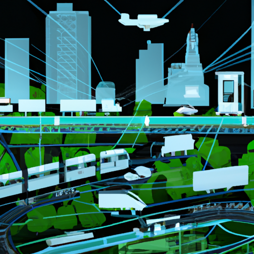 A futuristic cityscape showcasing AI-driven transportation systems and smart infrastructure.
