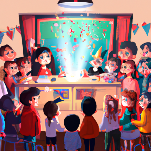 תמונה קבוצתית של ילדים נדהמים צופים בקוסם בהופעה במסיבת יום הולדת