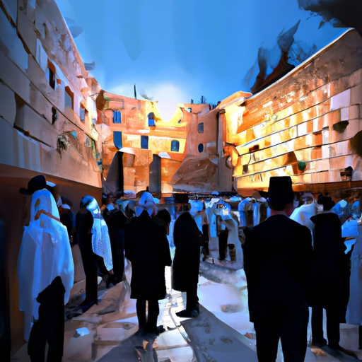 A captivating image of the Western Wall, filled with devout worshipers engrossed in prayer.